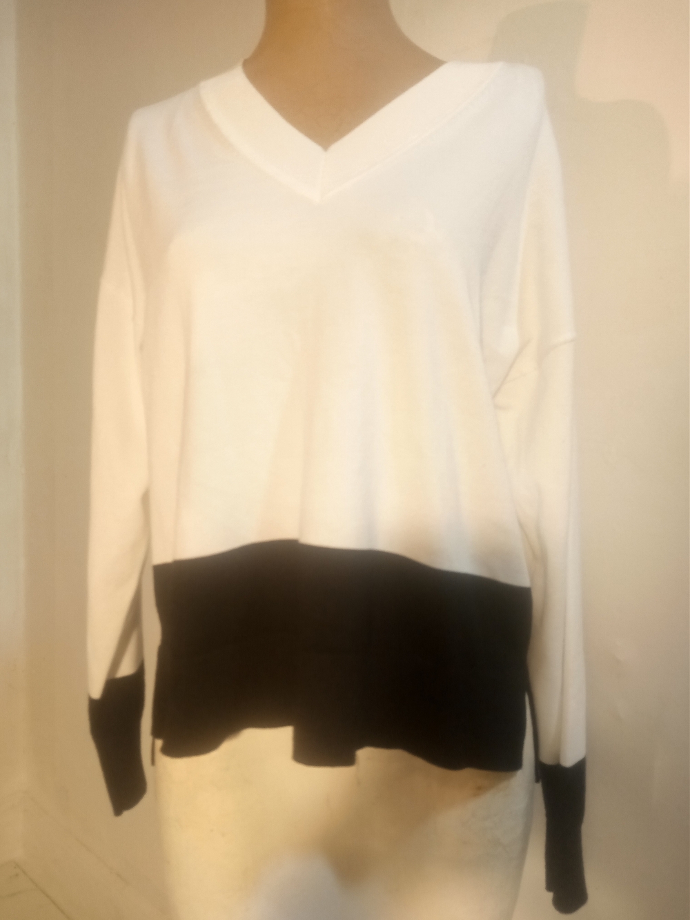 DKNY Two-Tone V-Neck Sweater in White and Black